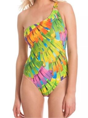 Trina Turk sz 12 Polynesian Palms One Shoulder High Cut One Piece Swimsuit